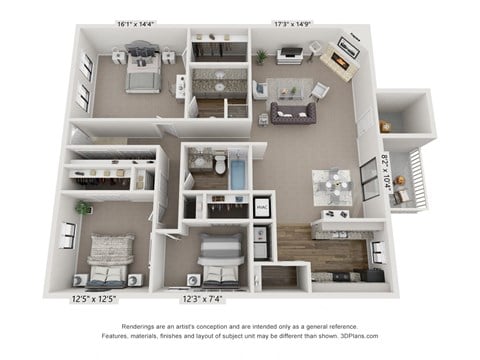 Floor plan for 3 beds, 2 baths, 1501 sqft